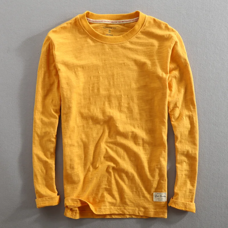 Men's Vintage Solid Bamboo Cotton Long Sleeve T-Shirt Male Tops O-Neck Casual Thin Tees Slub T Shirts