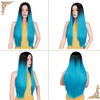 Ombre Blue Green Straight Long Synthetic Wigs For Women Black Pink Wigs 24 inch can be Cosplay Wigs Heat Resistant  I's a wig 4