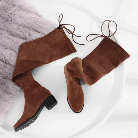 Light brown 4.5CM Женские осенне-зимние сапоги из флиса на не сужающемся книзу массивном каблуке на плоской подошве; обтягивающие сапоги для верховой езды на высоком каблуке; Сапоги выше колена - Цвет: Light brown 4.5CM