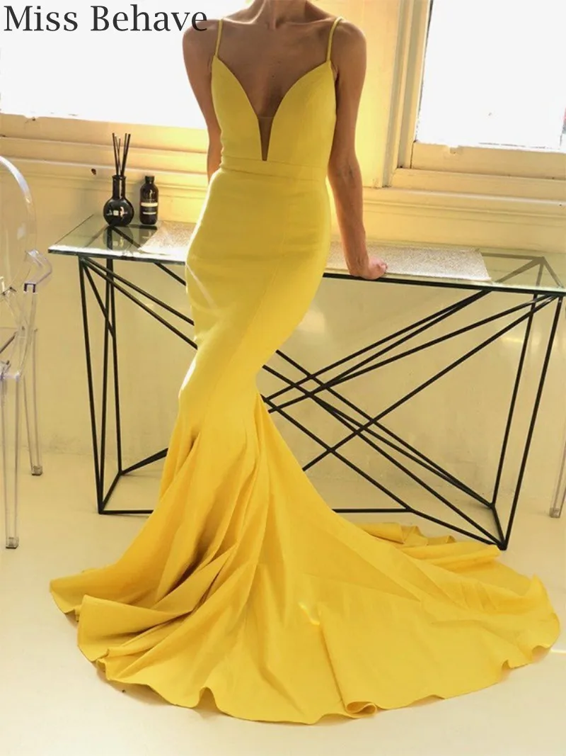 

DD JYOY Yellow Evening Dress Long 2019 Satin Gown Evening Dress with Train Simple Design Sexy Open Back Formal Dresses