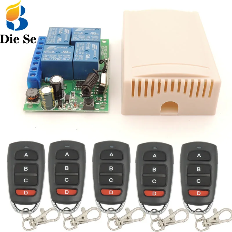 

433MHz Universal Wireless Remote Switch AC 220V 4 Gang rf Relay and Transmitters for Remote Garage/LED/Home appliance Control