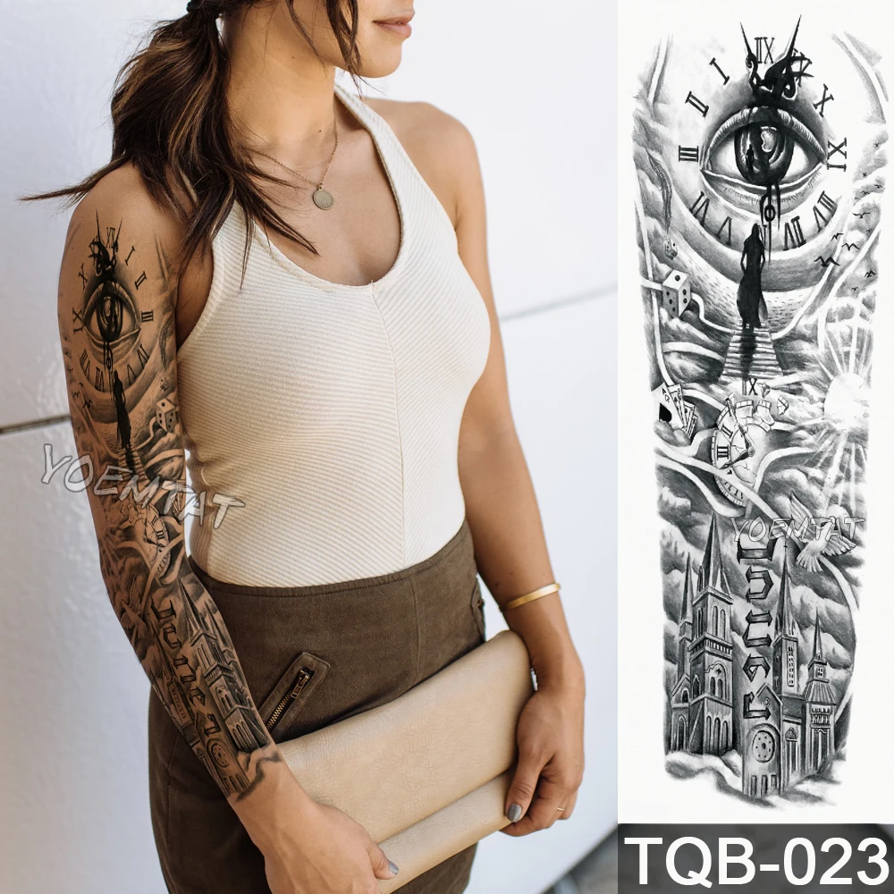

New 1 Piece Temporary Tattoo Sticker Clock eye city pattern Full Flower Tattoo with Arm Body Art Big Large Fake Tattoo Sticker