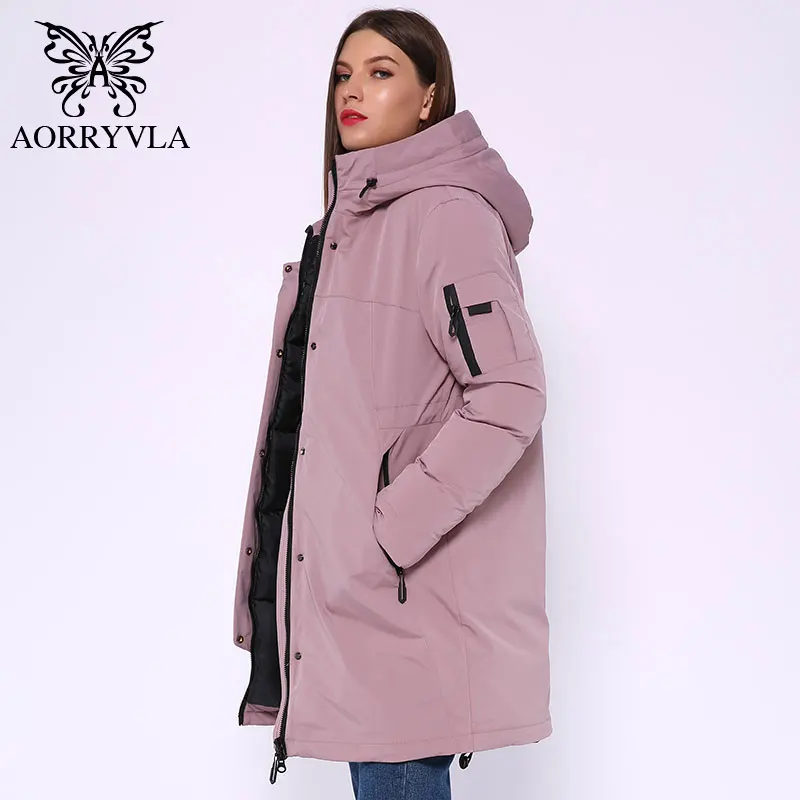 Женская длинная куртка с капюшоном AORRYVLA теплая Повседневная ветрозащитным