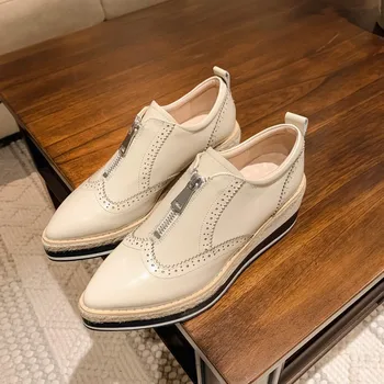 

MLJUESE 2020 women pumps autumn spring cow leather brogue style zippers black color pointed toe wedges pumps lady shoes party