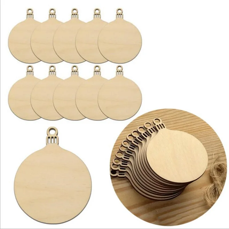 10pcs Diy Wooden Christmas Balls Craft Decoration Round Baubles Tags Hanging Ornaments for Home Christmas New Year Navidad Decor