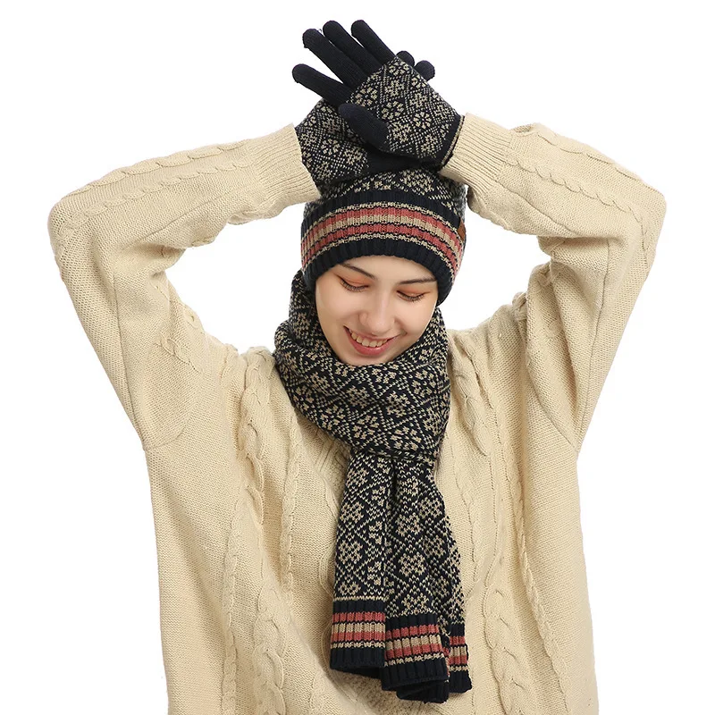 Men's Winter Warm Three-Piece Simple Style Knitted Wool Plus Velvet Hat Scarf Glove Set knitted hat scarf set