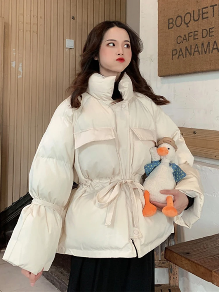 apricot Женское зимнее пальто в Корейском стиле, ультра толстое, с подкладкой, Ulzzang, одноцветное, с карманами, на талии, с подкладкой, повседневное пальто, куртка, ткань - Цвет: apricot