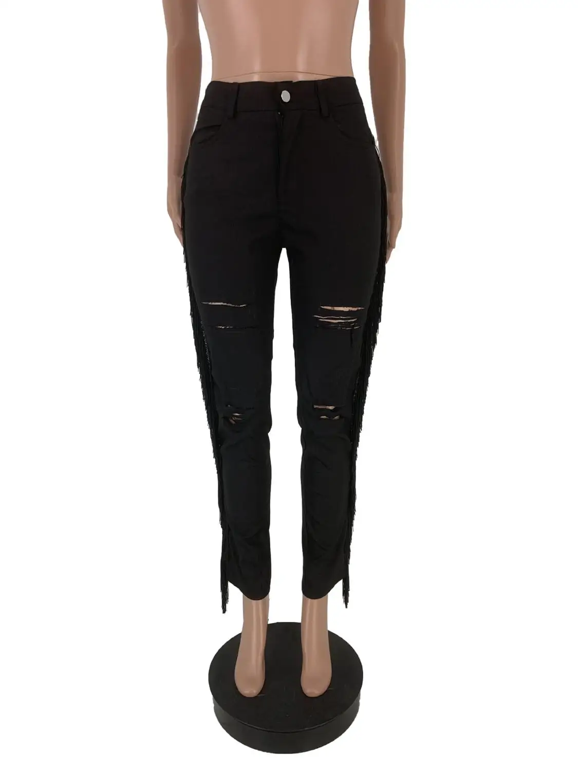 Lemon Gina Autumn Winter Tassel Long Black Hole Zipper High Waist Denim Pencil Jeans Skinny Pants Trousers LY5091