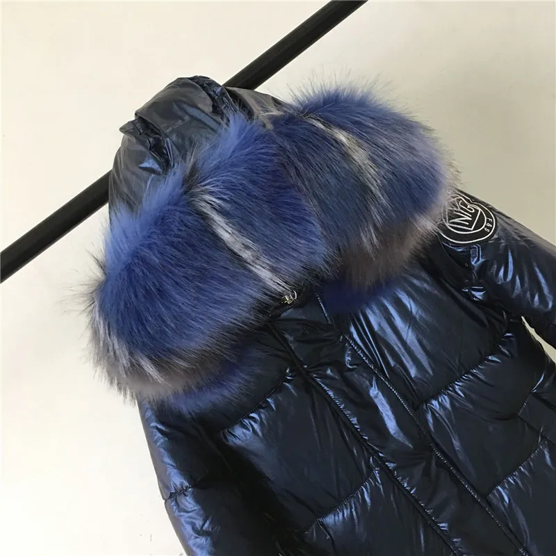 Navy Colorful Collar Высокое качество, новинка, Зимняя женская куртка, теплая, утолщенная, с капюшоном, с мехом, длинное пальто, блестящая ткань, стильная женская парка - Цвет: Navy Colorful Collar