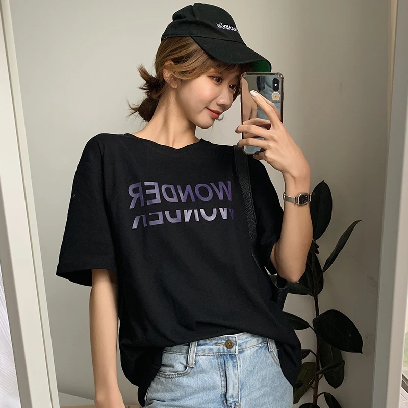 

Letter Print T Shirt Short Sleeve Tees O-Neck Loose Large Size T-shirt S-XXL 2020 Spring Summer Fashion Casual Tops Chic Girl