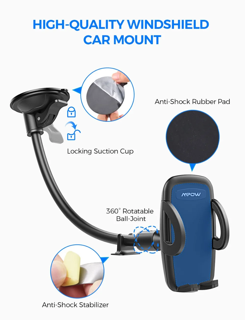 Mpow CA073 Car Phone Holder Windshield Phone Mount With Suction Cup 360-degrees Rotatable Head For iPhone XR Xs Max  Huawei P30 (3)
