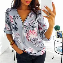 New Fashion Fit Zipper V-Neck Shirt S-5XL Plus Size Tops Work Women Blouses Cotton Vintage Floral Print Shirts Dot Mujer Blusas