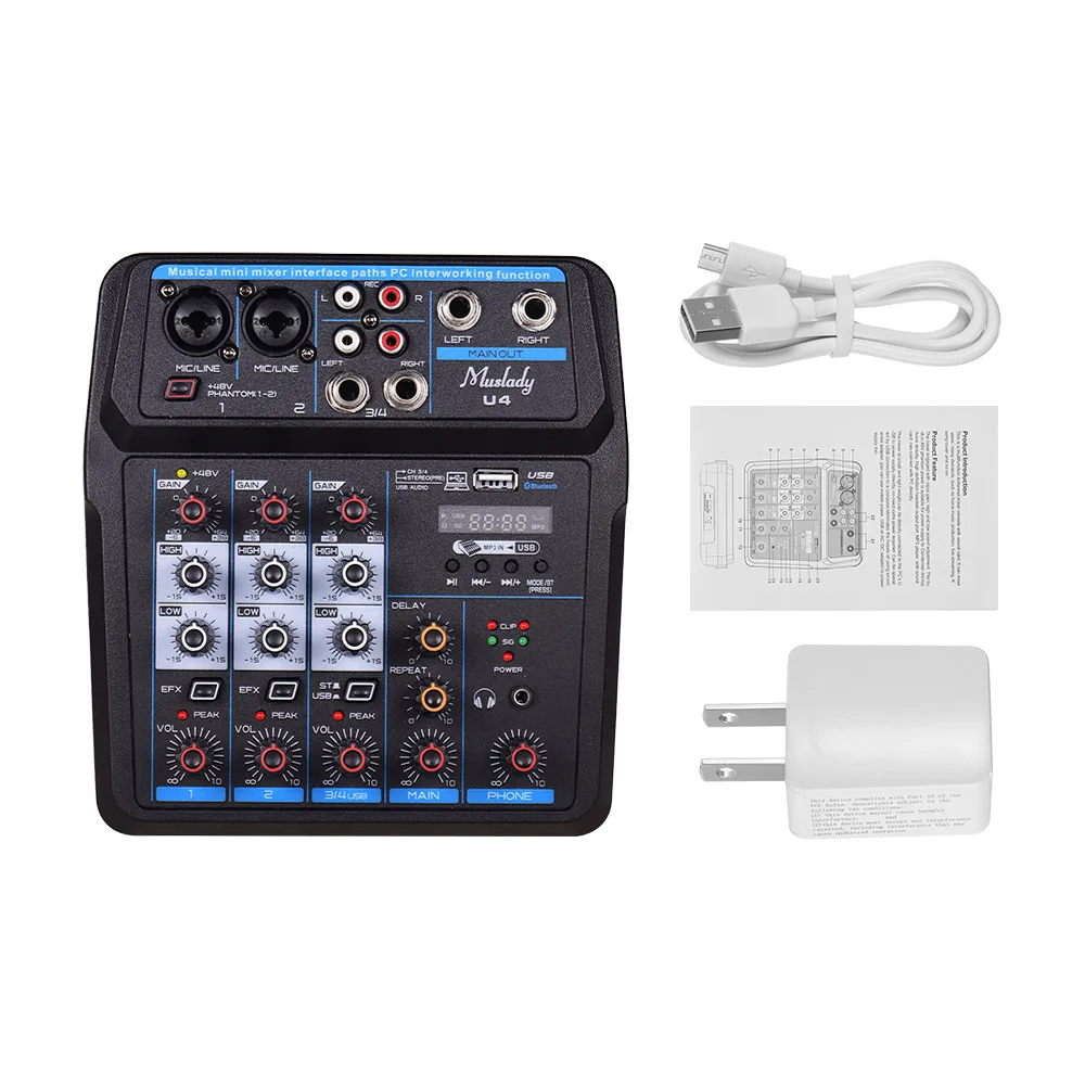 Muslady U4 Portable 4 Channels Audio Mixer BT USB Mixing Console with Sound Card Built-in 48V Phantom Power EU Plug - Цвет: US Plug