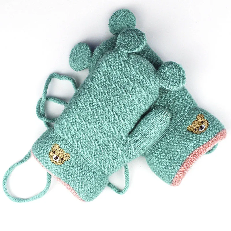 Зимние детские перчатки с вышивкой медведя для мальчиков и девочек, рукавицы мультфильмы с бархатной подкладкой, теплые вязаные перчатки Luvas De Inverno унисекс