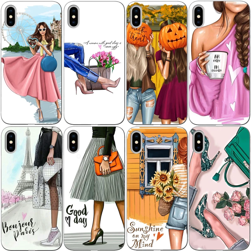 

Fashion Black Brown Hair coffee girl Boss Case For iPhone X 11 XS MAX XR 8 7 6 6s Plus 11PRO MAX Woman hard PC Cover