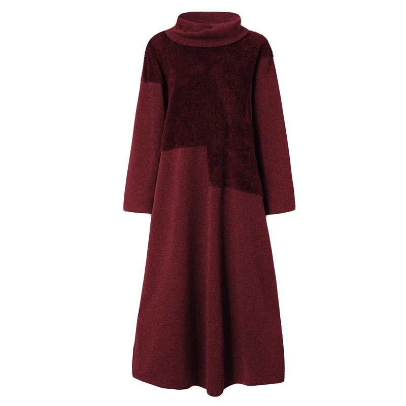 Wine Red Женский длинный сарафан, ZANZEA, осенняя водолазка, свитшоты, платье, повседневное, винтажное, длинный рукав, Pacthwork, плюшевая, пушистая, Vestidos - Цвет: Wine Red
