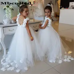 Mbcullyd/Элегантные белые платья с круглым вырезом и цветочным узором для девочек, с цветами ручной работы, vestidos de primera comunion, коллекция 2019 года