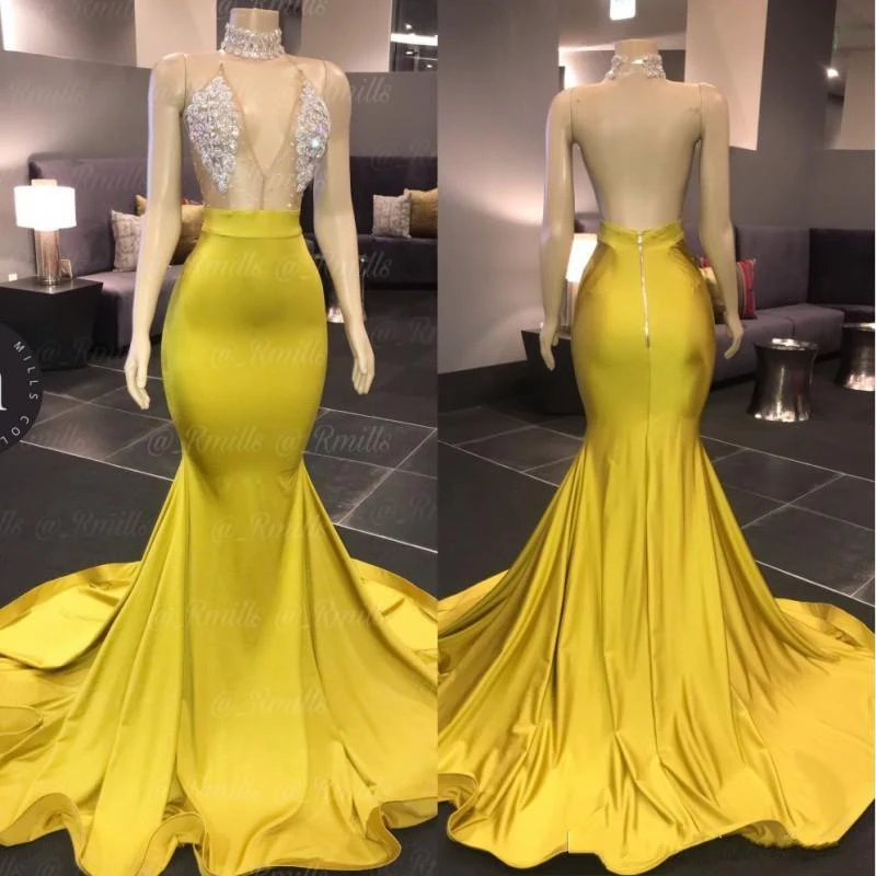 2020 V Neck Mermaid Prom Dresses Sweep Train Crytal Stain Formal African Evening Gowns Special Occasion Dress