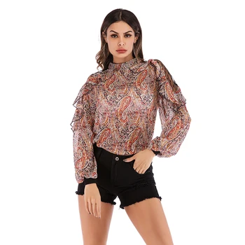 

5971 Autumn And Winter Printed Long-sleeved Shirt Women's wang shan Chiffon Shirt Flounced Tops Women's 2020 New