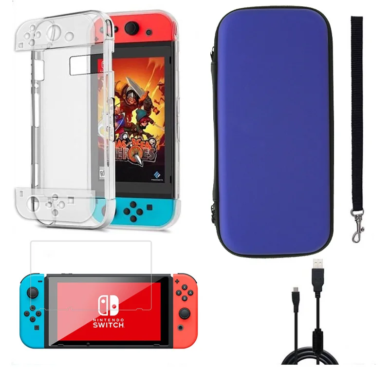Синий 4 в 1 сумка для хранения игровой консоли для kingd Switch NS чехол для nintendo Switch+ жесткий корпус+ пленка из закаленного стекла+ type-c 1,8 m A6 - Цвет: Синий