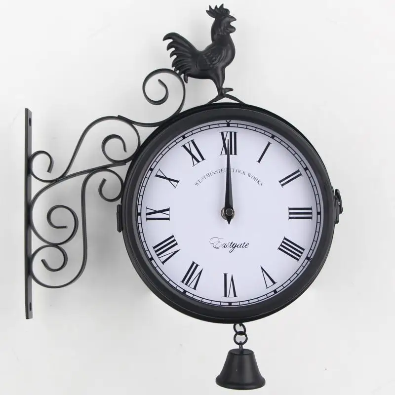 Outdoor Iron Art Garden Hour Creative Fashion Double-Sided Wall Clock Metal Clock Rooster Bell Modeling