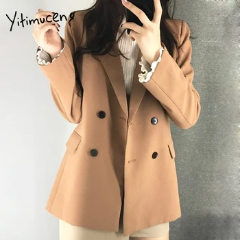 

yitimuceng womens blazer casual long khaki blazer notched double breasted korean women blazers ladies jacket female black coat