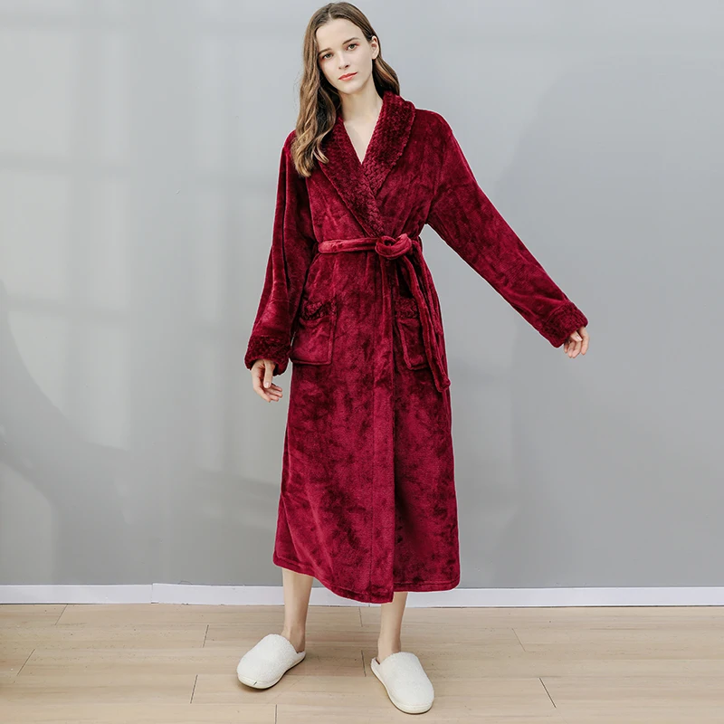 Extra Long Thick Waffle Coral Fleece Winter Warm Bath Robe Men Women Flannel Kimono Bathrobe Male Dressing Gown Mens Nightwear pajama pants Men's Sleep & Lounge