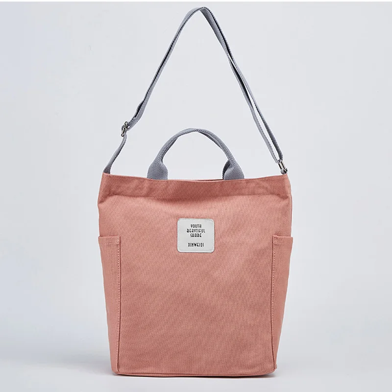 Женская Холщовая Сумка на плечо из хлопковой ткани, повседневная сумка-тоут, качественный кошелек на молнии, Эко сумки-мессенджеры, сумки через плечо для девочек - Цвет: Розовый