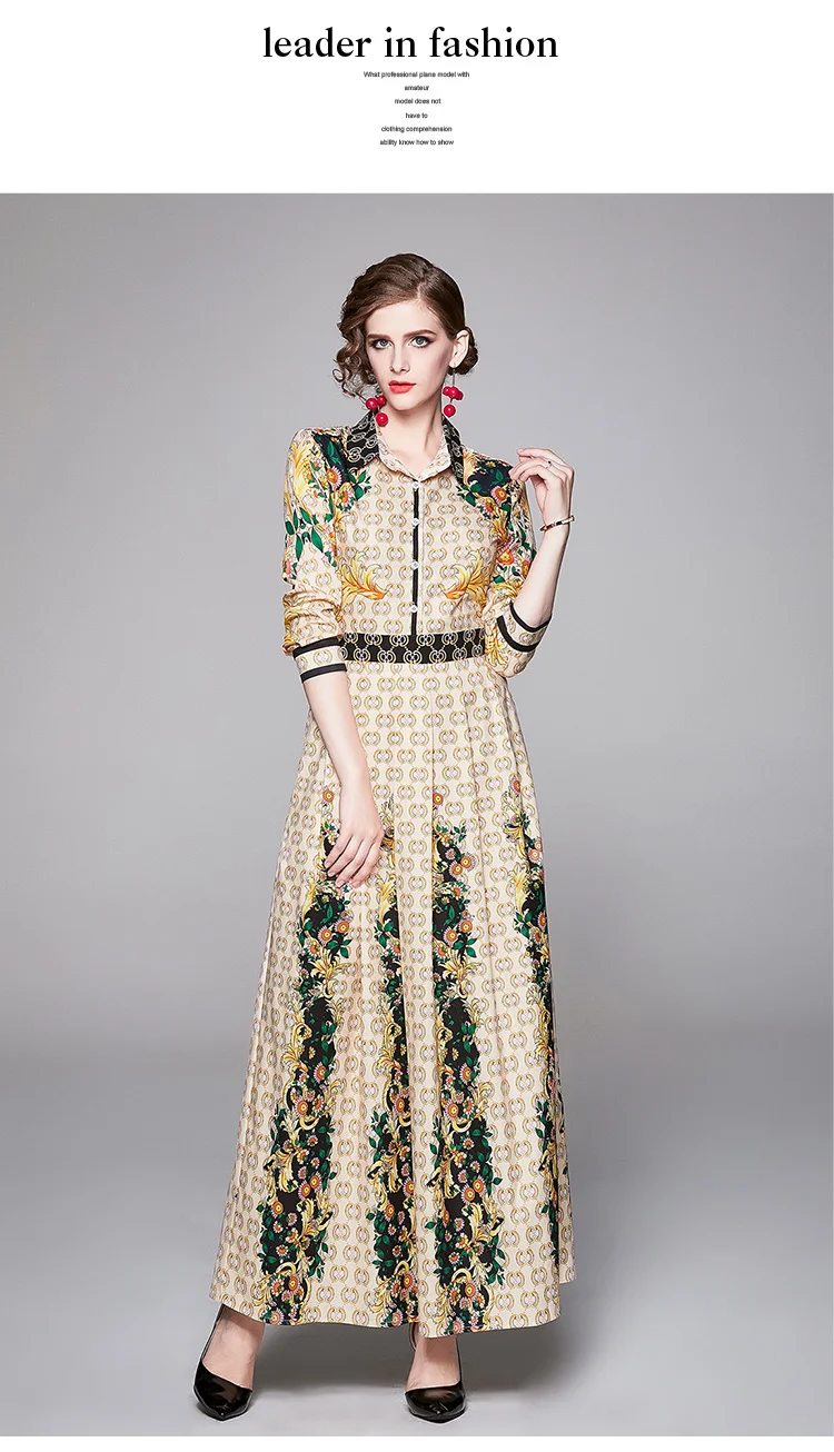 Осенне-зимнее модное платье для подиума женское платье с длинным рукавом и отложным воротником Элегантное Длинное винтажное платье с геометрическим принтом