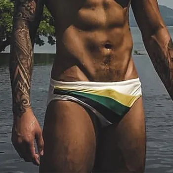 

Sexy Men Swimsuits Stripe Men Beach Briefs Patchwork Swimming Trunks Quick Dry Low Wiast Boradshorts Mens Shorts Sportwear