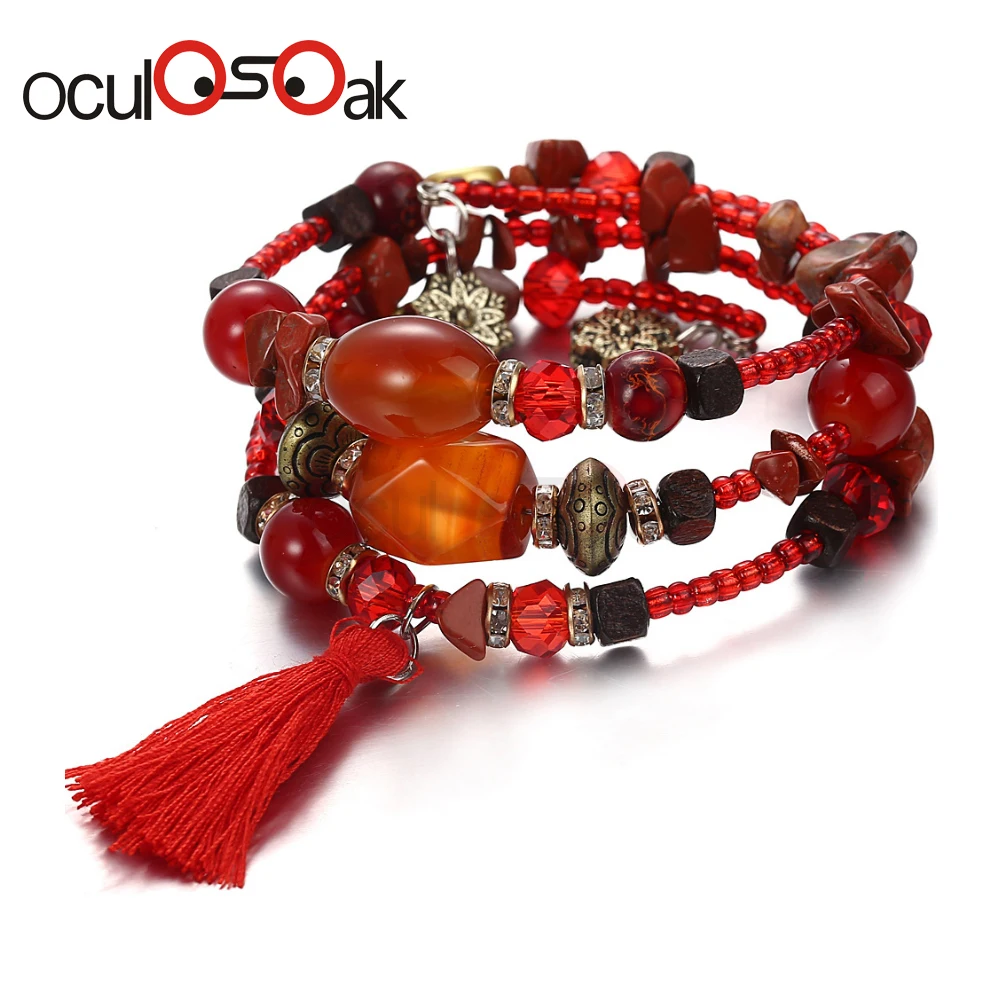 red New Vintage Multilayer Tassel Bracelets Bohemian Resin Stone Bead Bracelets& Bangles Pulsera Ethnic Jewelry Party For Women - Окраска металла: red