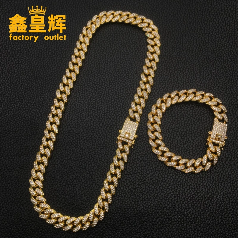 Хип-Хоп рок стиль хрустальное ожерелье, Страус, кубинская цепь, золото и серебро браслет с цирконием сочетание, один набор для мужчин