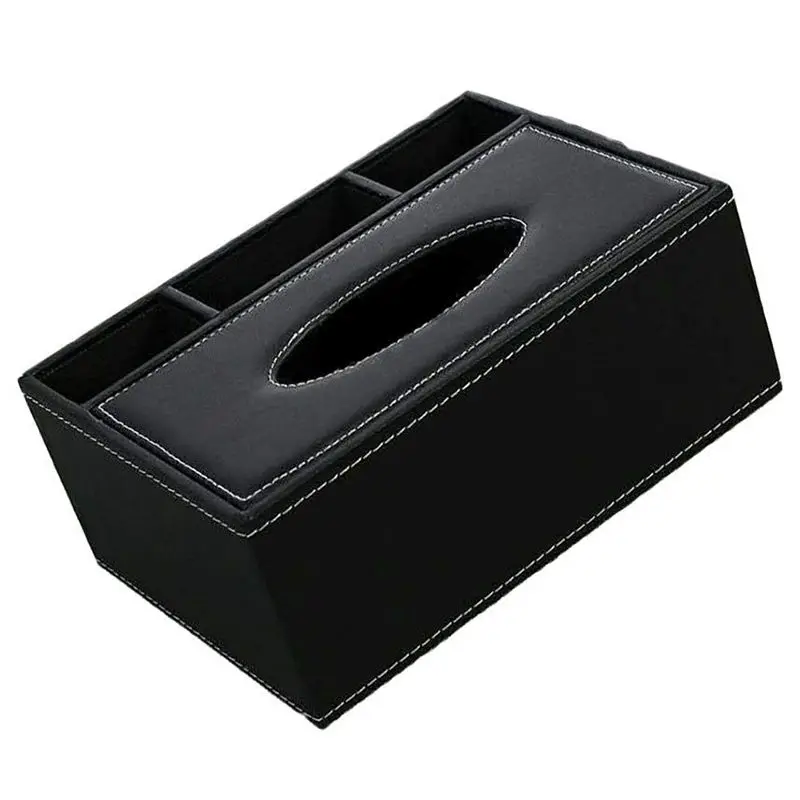 Leather Tissue Box Remote Control Holder Multifunctional Desktop Organizer Pencil Scissor Container(Black