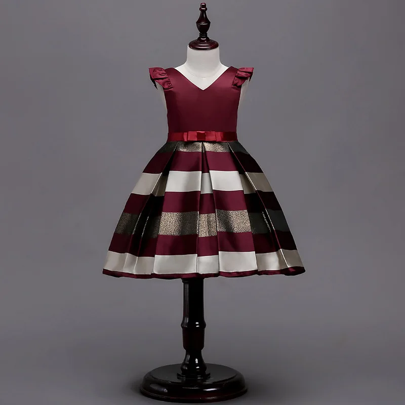 

Children's Dress Flying Sleeve Striped Print Princess Dress Evening Party Girls Dress Bow-knot Ball Gown Girl Summer Tutu Dress