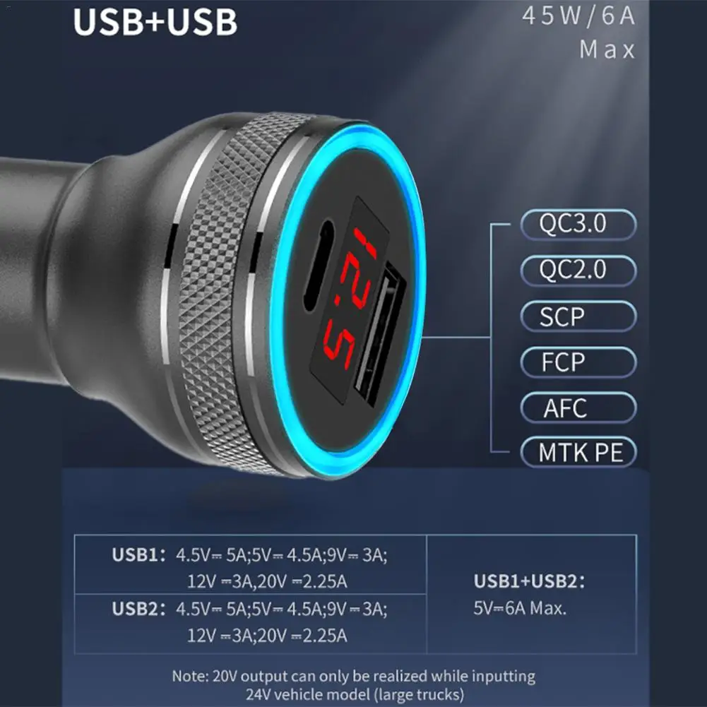3 А Быстрая зарядка QC3.0+ PD металлическое автомобильное зарядное устройство Быстрая зарядка с цифровым дисплеем двойное USB Автомобильное зарядное устройство для iphone 12 в 24 В