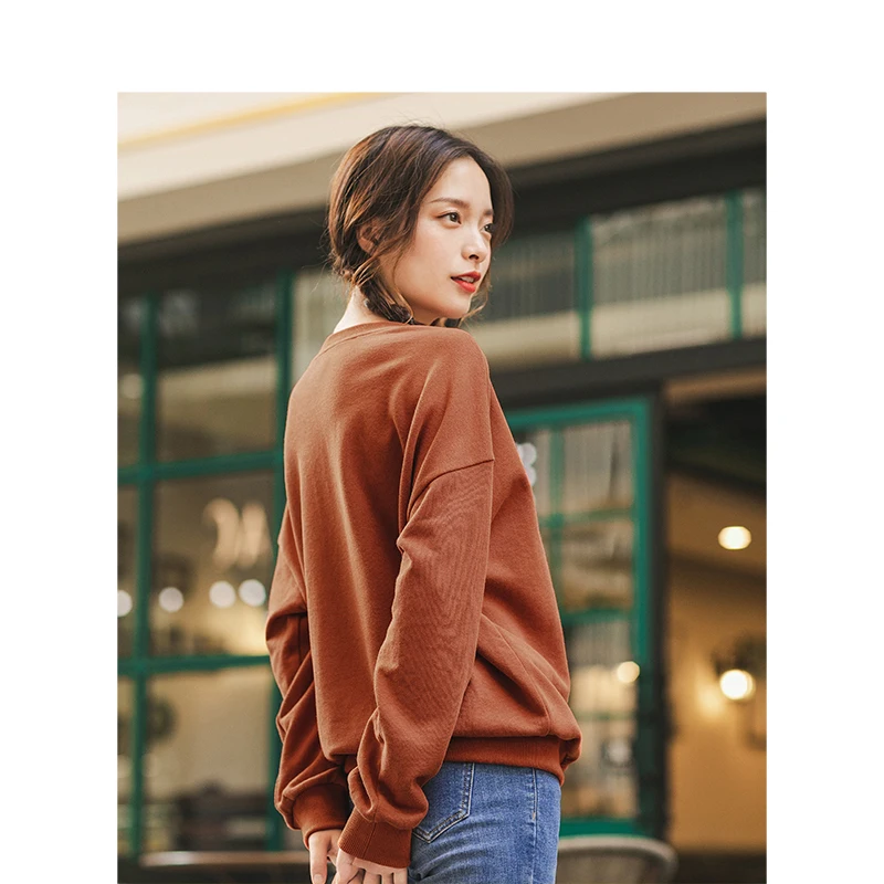 INMAN Winter New Arrival Literary 100%Cotton O-neck Personality Drop-shoulder SLeeve Loose Women Sweatshirts