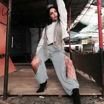 

Women Side Hollow Out High Waist Pants Gray Letter Print Streetwear Pencil Pants 2019 Elastic Waist Trousers Women