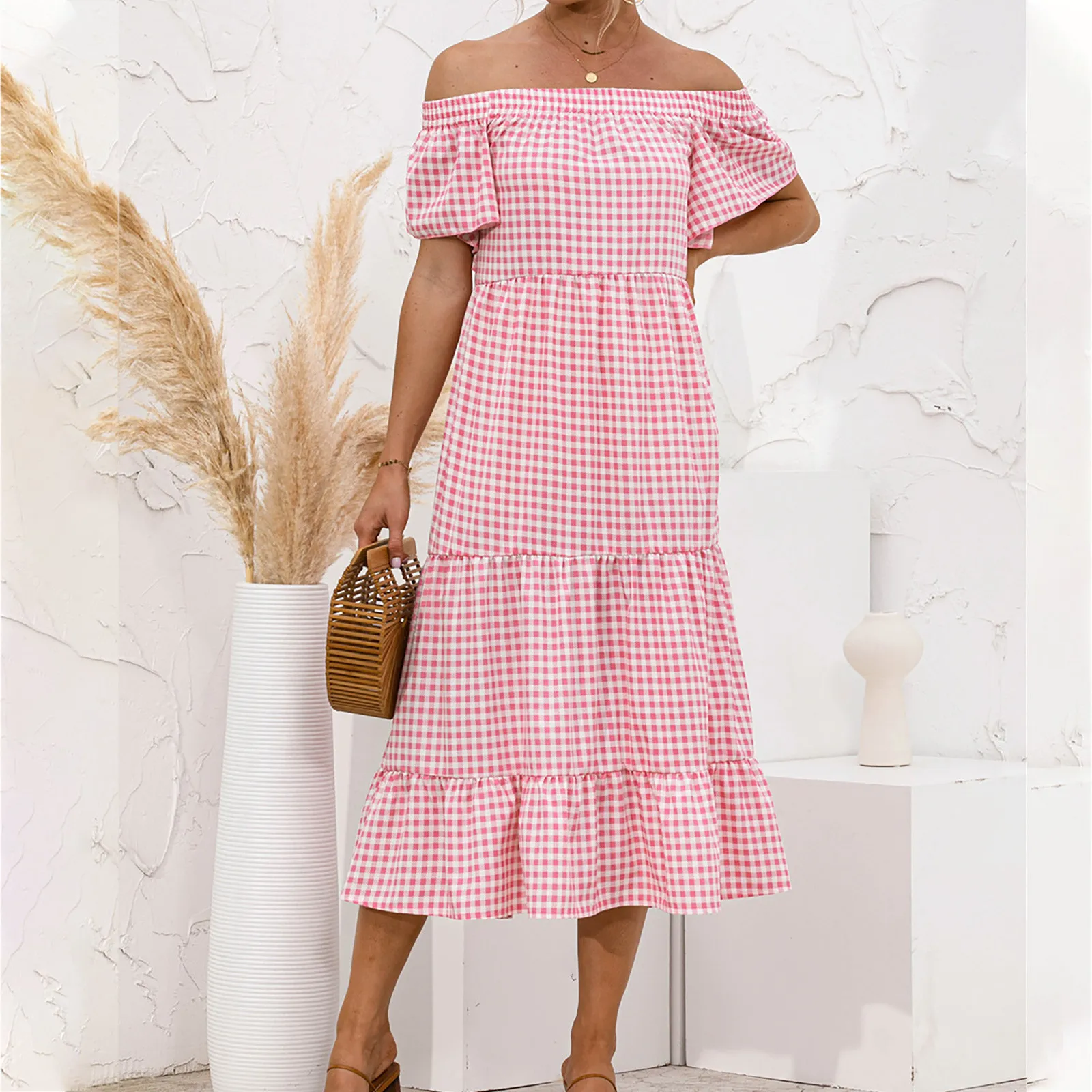 Women Sexy Summer Dress Shoulder Neck Short Sleeve Plaid Print Flowy Dress Casual Maxi Dresses For Women Sukienki Letnie Damskie 2