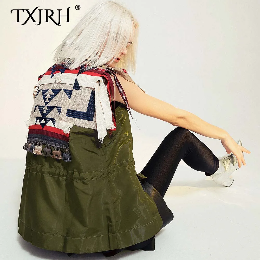 TXJRH шикарный геометрический Вышивка кисточка зубчатый блейзер с воротником жилет двубортная куртка без рукавов Верхняя одежда Топы 2 цвета