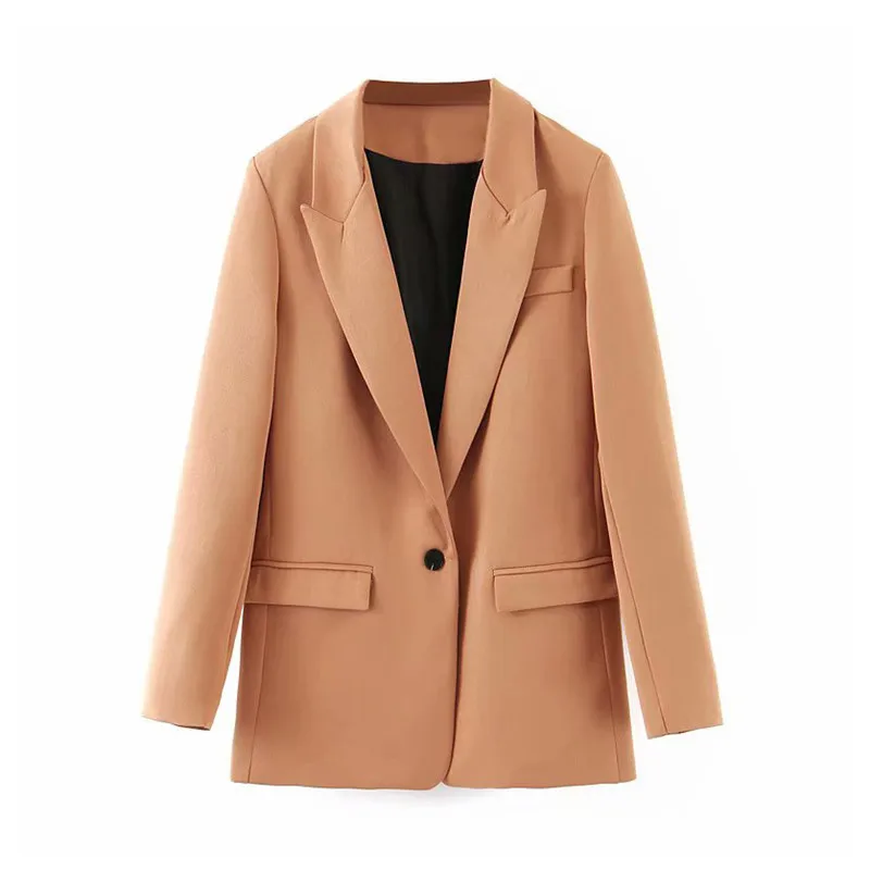 

Women solid khaki basic blazer single button pockets notched collar female office wear jacket coat tops