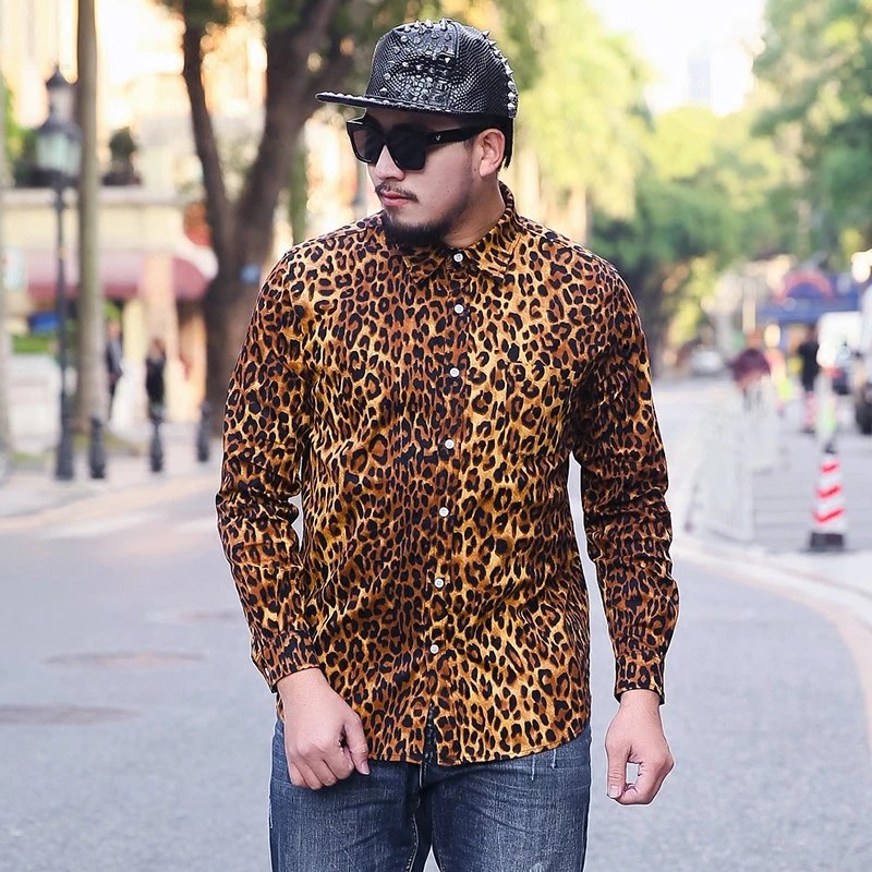 2XL-6XL мужские леопардовые цветочные с длинным рукавом лацканы тонкие рубашки повседневные топы Горячие большие размеры C14