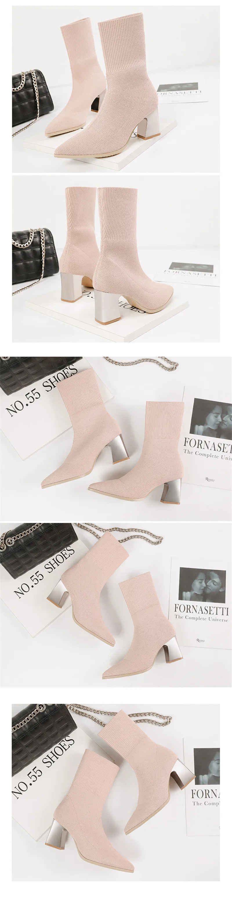 Sexy Pointed Toe Ankle Sock Boots For Woman Knit Elastic  Female Western Boots Thick High Heels French Women's Boots Socks Shoes (14)