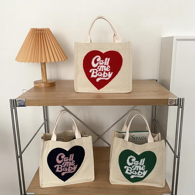 Lunch Bag Bento Bag Cooler Bag Heart Shape Canvas Picnic Tote Cotton Cloth Food Storage