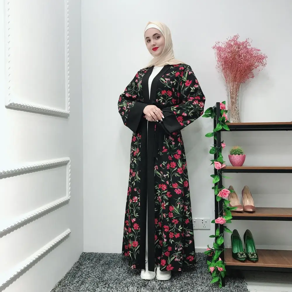 Цветочный Абаи Дубай Для женщин макси платье кимоно открытой передней кафтан длинный халат вечерние платье Рамадан исламские Костюмы