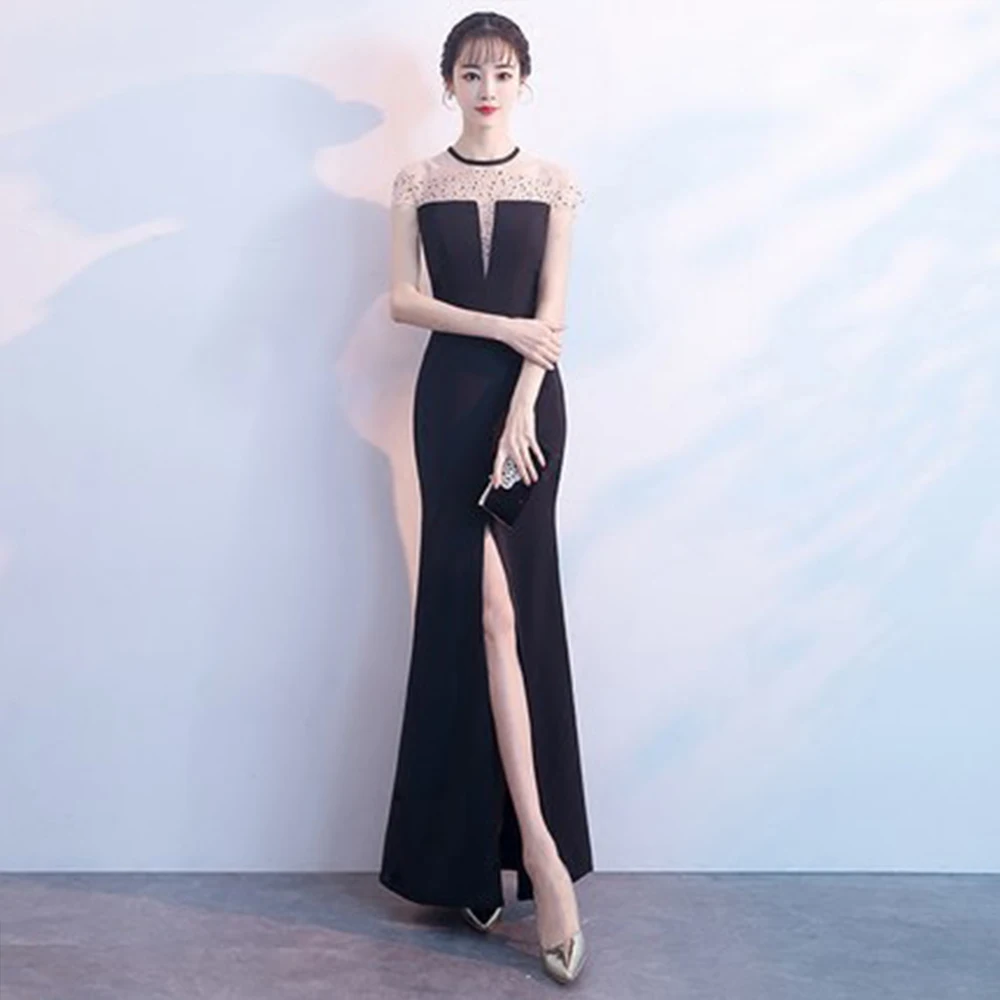 

Evening Dresses Black Mermaid Floor Length Split Women Party Gown 2020 Sleeveless O-neck Robe De Soiree Zipper Formal Dress F005