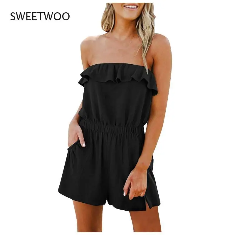 Summer Women Fashion Sexy Solid Colors Sleeveless Off-Shoulder Backless Ruffles Leisure Pocket Beach Short Romper Jumpsuit