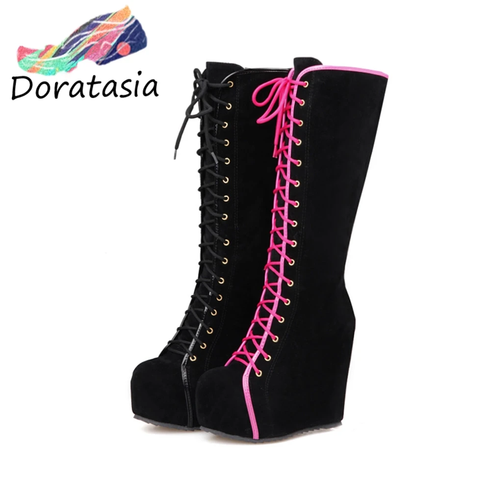 

Brand New Lady Height Increasing Cross Tied Platform Women Shoes Woman Casual Party Office Autumn Winter Mid Calf Boots