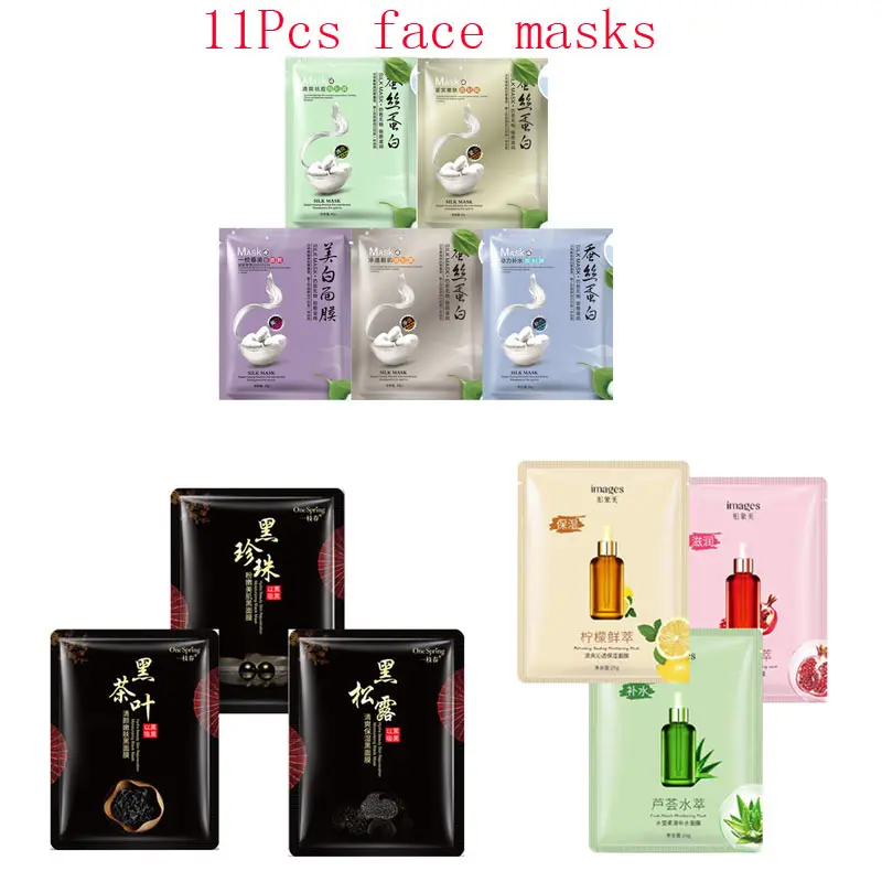 

11Pcs mixed Silk protein black truffle pearl fruit Aloe Face Mask extraction Whitening Anti-Aging Facial Masks korean skin care