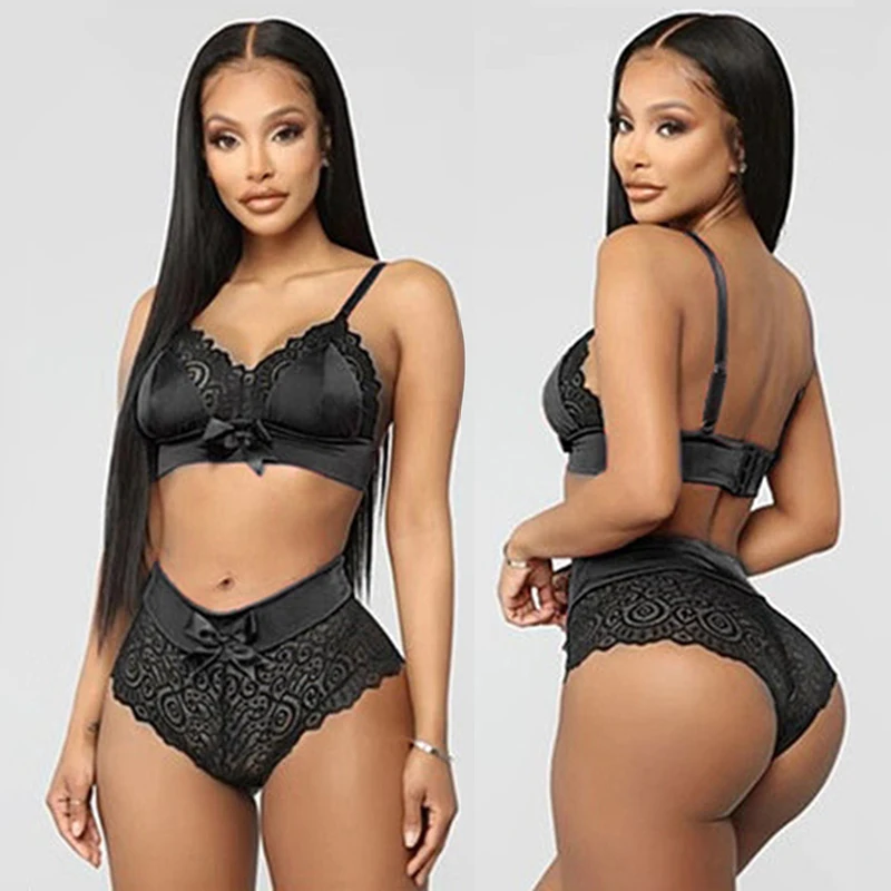 Sexy Female Underwear Set Sleeveless Lace Satin Bowknot Decoration Panty & Push Up Bra Set Halter Black Sexy Lingerie Sets Women bra and panty sets