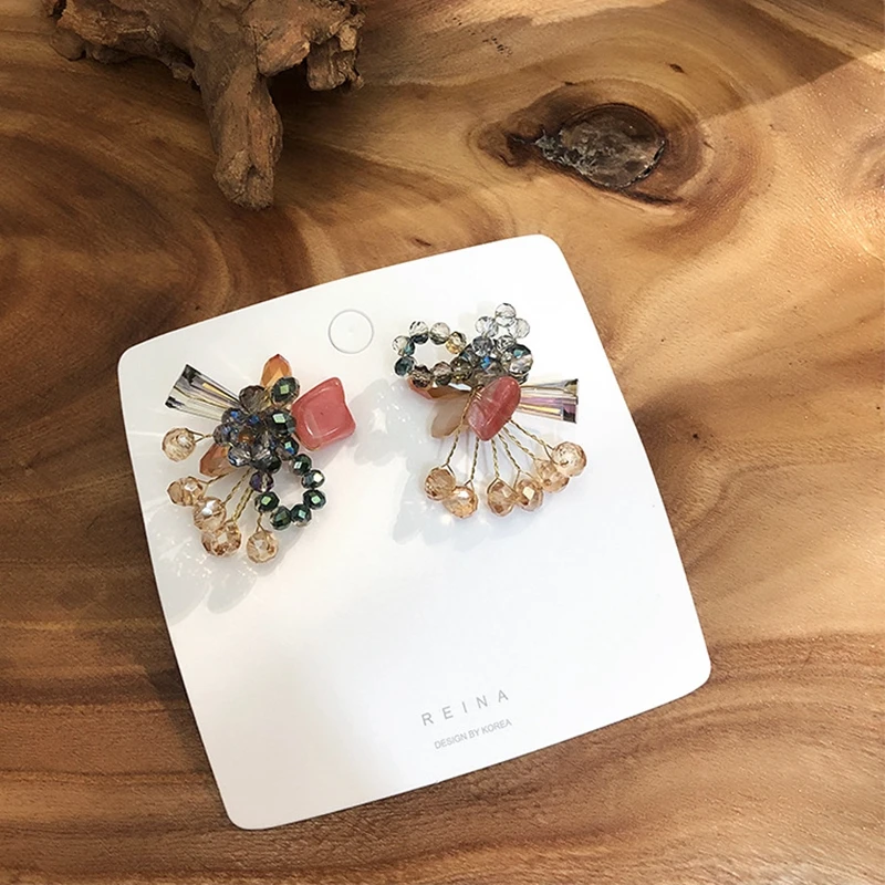 Korean Retro Style Super fairy temperament wild color crystal tassel bow earrings For Female Accessories